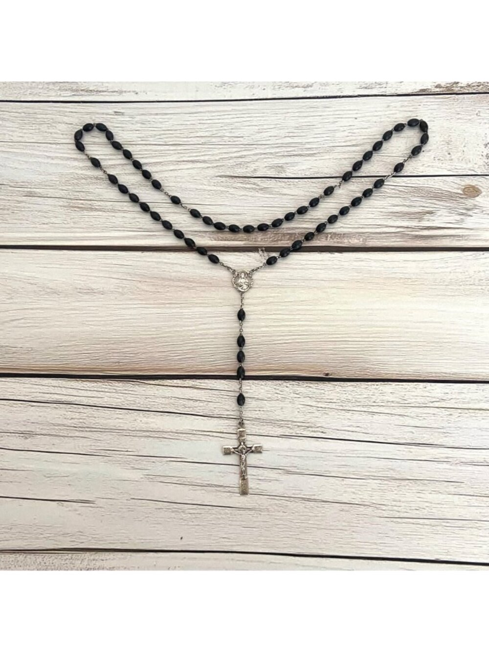 VTG Sterling Silver 925 Italian Black Beaded Rosary Crucifix Cross Y Necklace - Picture 13 of 16